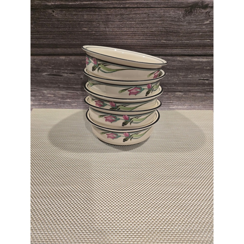 5 VTG Lenox Chinastone Midnight Blossoms Cereal Soup Bowls Floral Stoneware USA